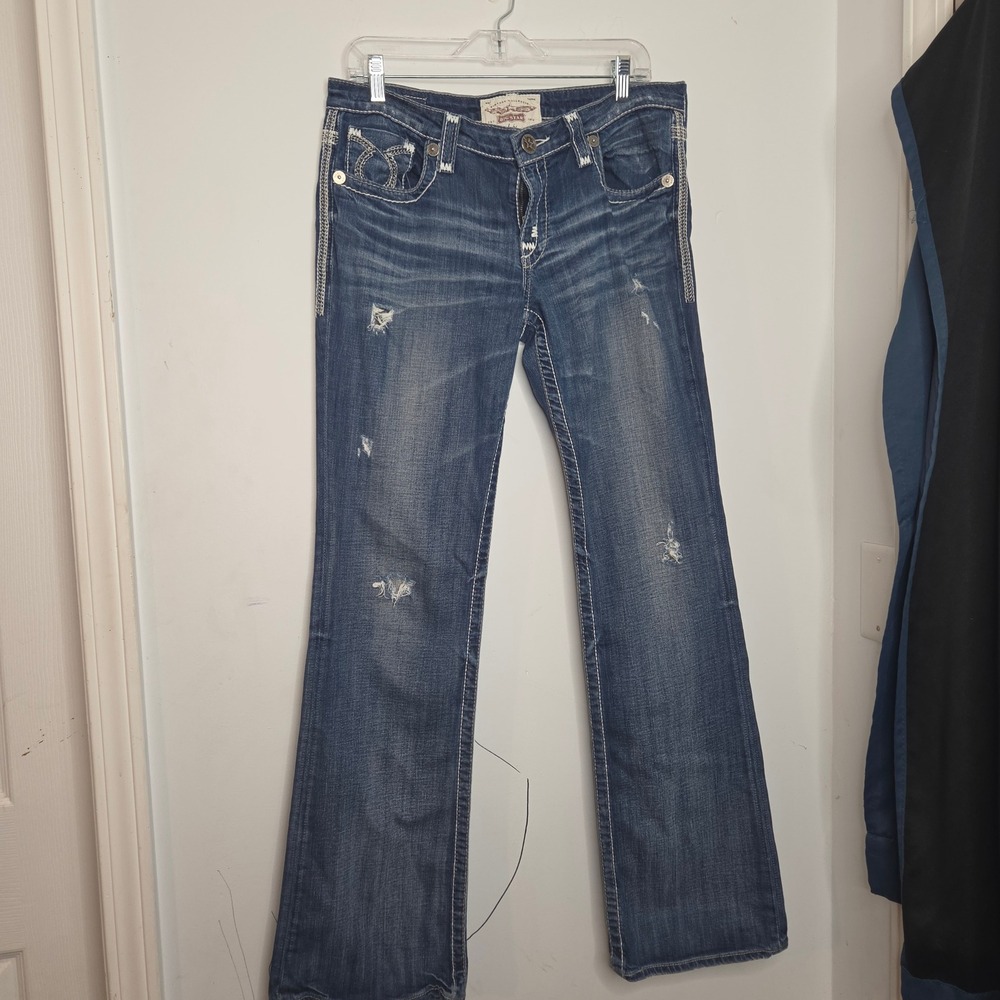 Big Star Liv Bootcut Jeans Womens 31L Medium Wash Distressed Heavy Stitch Denim